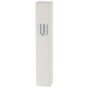 Picture of Polyresin Mezuzah Case Rectangle Shape Smooth Stone Look Silver Accent Shin White 12cm